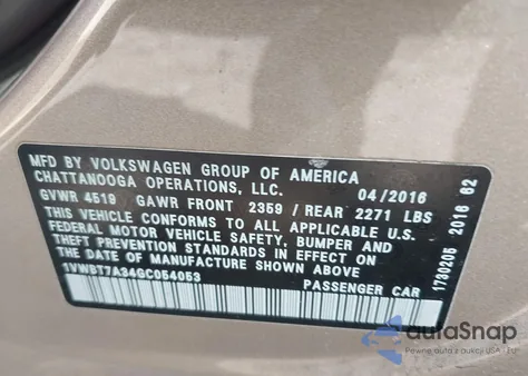 2016 Volkswagen Passat 1.8T Se из США, поврежденный, VIN 1VWBT7A34GC054053